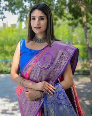 Rani Pink Woven silk blend Blend Saree With Blouse 4