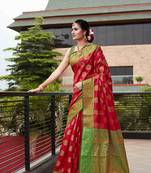 Red Woven silk blend Blend Saree With Blouse