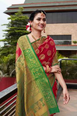 Red Woven silk blend Blend Saree With Blouse 3