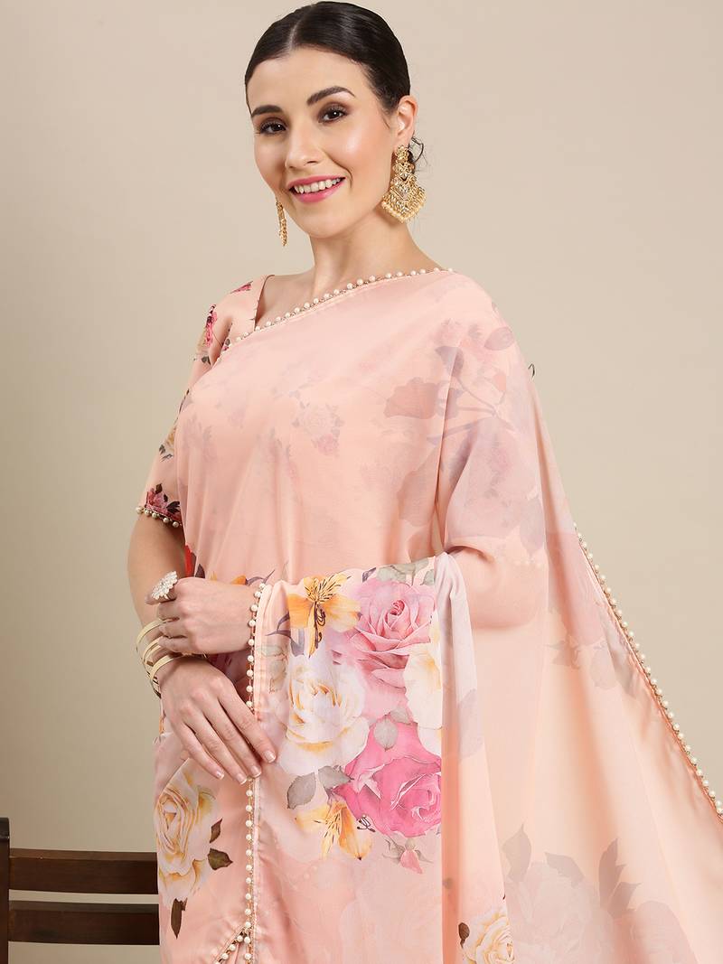 Women'S Georgrtte With Floral Printed Saree 