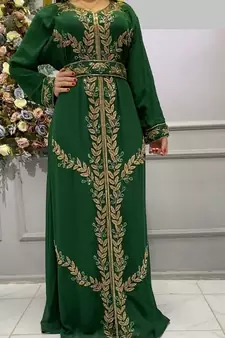  green Zari Stone Work Georgette Islamic Style Beads Embedded Partywear Kaftan Long Gown Evening wear Dubai kaftan