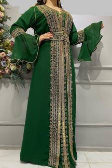 green Zari Stone Work Georgette Islamic Style Beads Embedded Partywear Kaftan Long Gown Evening wear Dubai kaftan