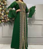green Zari Stone Work Georgette Islamic Style Beads Embedded Partywear Kaftan Long Gown Evening wear Dubai kaftan