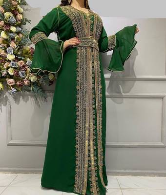 green Zari Stone Work Georgette Islamic Style Beads Embedded Partywear Kaftan Long Gown Evening wear Dubai kaftan 3