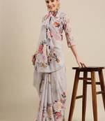 Women'S Wear Off White Colour Georgrtte With Floral Printed Also Comes With Pearl Lace Border Saree