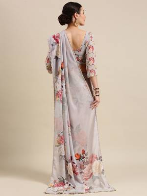 Women'S Wear Off White Colour Georgrtte With Floral Printed Also Comes With Pearl Lace Border Saree 2
