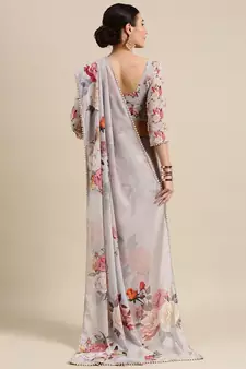 Women'S Wear Off White Colour Georgrtte With Floral Printed Also Comes With Pearl Lace Border Saree