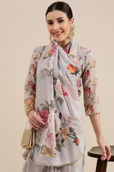 Women'S Wear Off White Colour Georgrtte With Floral Printed Also Comes With Pearl Lace Border Saree