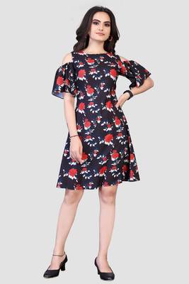 Navy-blue printed crepe short-dresses 1
