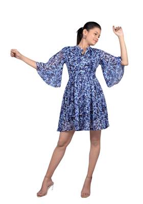 Navy-blue printed crepe short-dresses 3