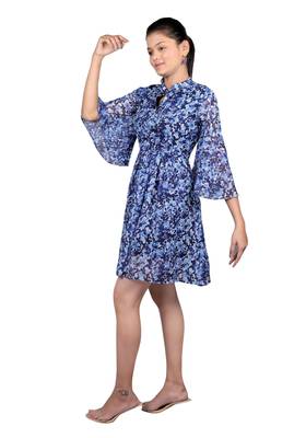 Navy-blue printed crepe short-dresses 4
