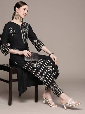 Black printed rayon kurta sets 1