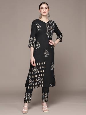 Black printed rayon kurta sets 2