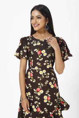Brown printed crepe short-dresses 4