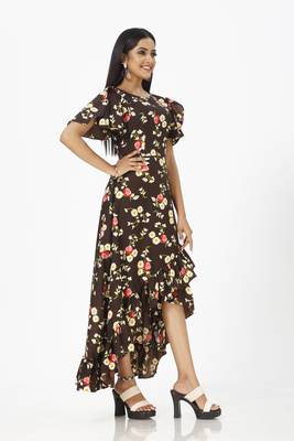 Brown printed crepe short-dresses 5