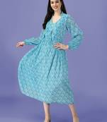 Blue printed georgette long-dresses