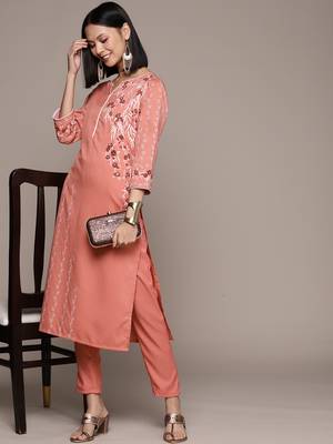 Peach printed rayon kurta sets 1