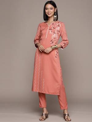 Peach printed rayon kurta sets 2