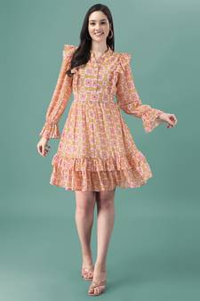 Peach printed georgette short-dresses