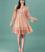 Peach printed georgette short-dresses