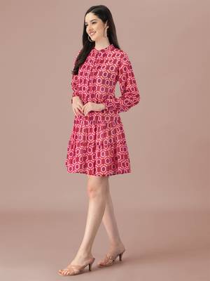 Pink printed georgette short-dresses 3