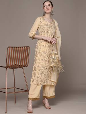 Cream printed crepe kurta sets 1
