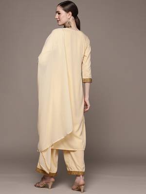 Cream printed crepe kurta sets 3