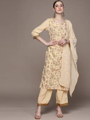 Cream printed crepe kurta sets 5