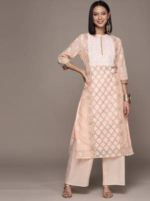 Peach printed chanderi kurta sets 1