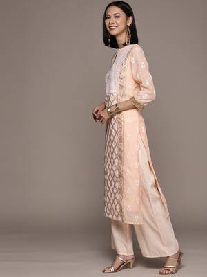 Peach printed chanderi kurta sets 2