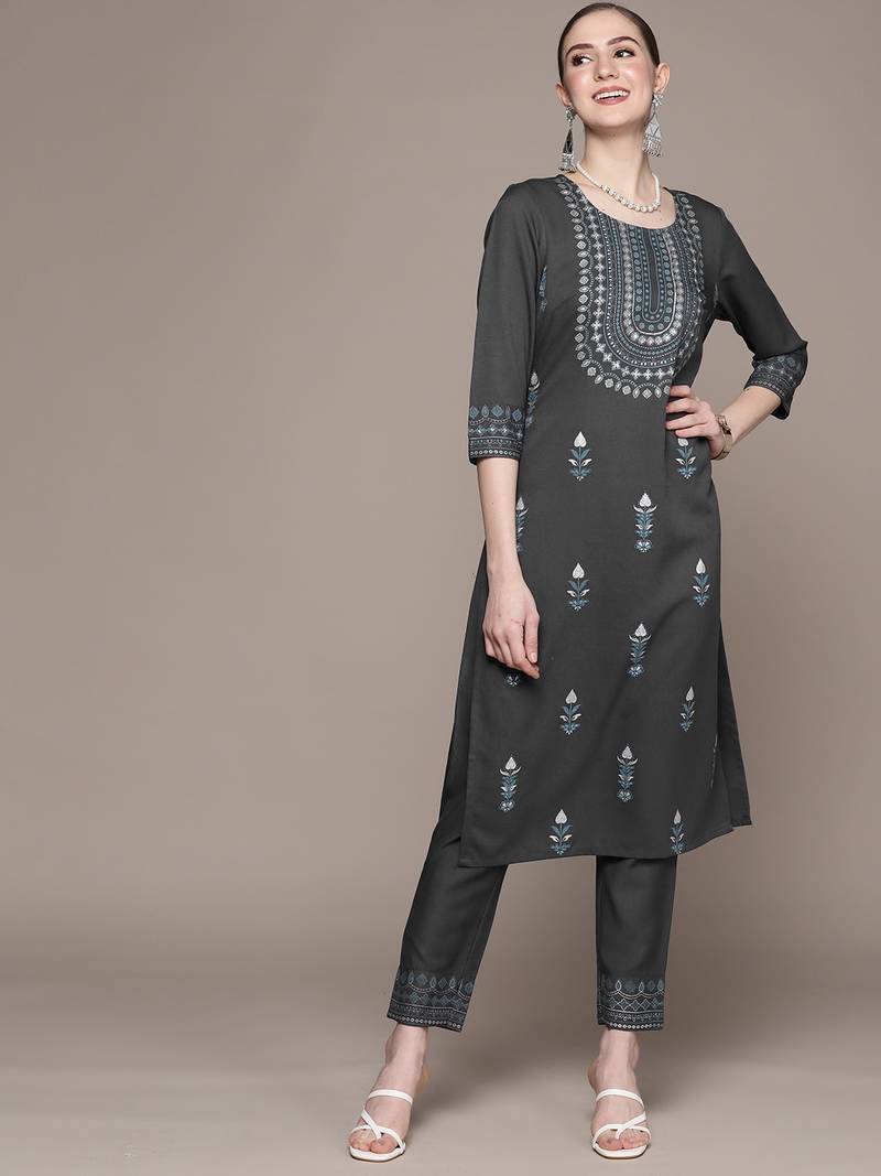 Grey printed rayon kurta sets