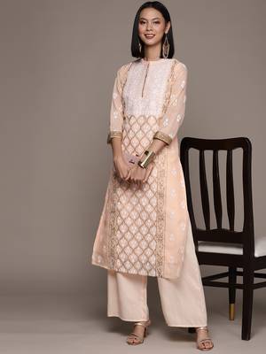 Peach printed chanderi kurta sets 5
