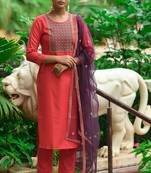 Gruhnaree Pink Floral Yoke Design A-Line Kurta with Trousers with Duppta