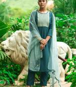 Gruhnaree SeaGreen Floral Yoke Design A-Line Kurta with Trousers with Duppta