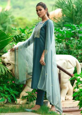 Gruhnaree SeaGreen Floral Yoke Design A-Line Kurta with Trousers with Duppta 2