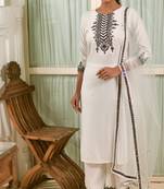 Gruhnaree Off-White Floral Yoke Design A-Line Kurta with Trousers with Duppta