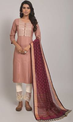 Gruhnaree Peach Floral Yoke Design A-Line Kurta with Trousers with Duppta 1