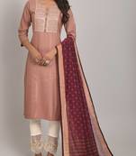 Gruhnaree Peach Floral Yoke Design A-Line Kurta with Trousers with Duppta