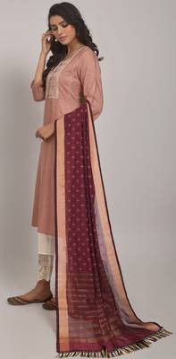 Gruhnaree Peach Floral Yoke Design A-Line Kurta with Trousers with Duppta 2