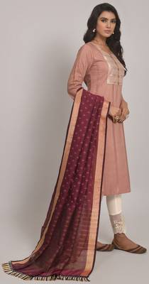 Gruhnaree Peach Floral Yoke Design A-Line Kurta with Trousers with Duppta 3
