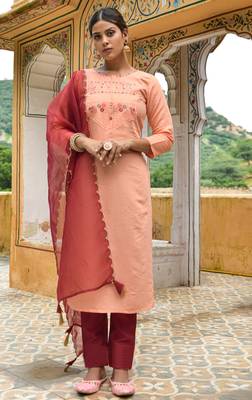 Gruhnaree Peach Floral Yoke Design A-Line Kurta with Trousers with Duppta 1