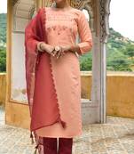 Gruhnaree Peach Floral Yoke Design A-Line Kurta with Trousers with Duppta