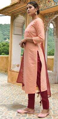 Gruhnaree Peach Floral Yoke Design A-Line Kurta with Trousers with Duppta 2