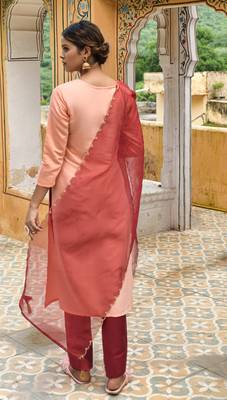 Gruhnaree Peach Floral Yoke Design A-Line Kurta with Trousers with Duppta 4