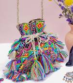 Amritsar Black Dupion Silk And Chanderi Stripe Embroidered Potli