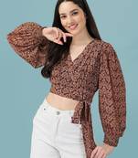 Brown printed georgette crop-tops