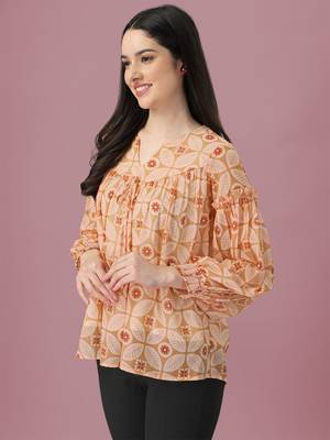 Orange printed georgette crop-tops 3