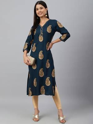Teal-blue printed rayon ethnic-kurtis 1