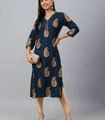 Teal-blue printed rayon ethnic-kurtis