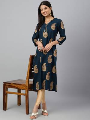 Teal-blue printed rayon ethnic-kurtis 2